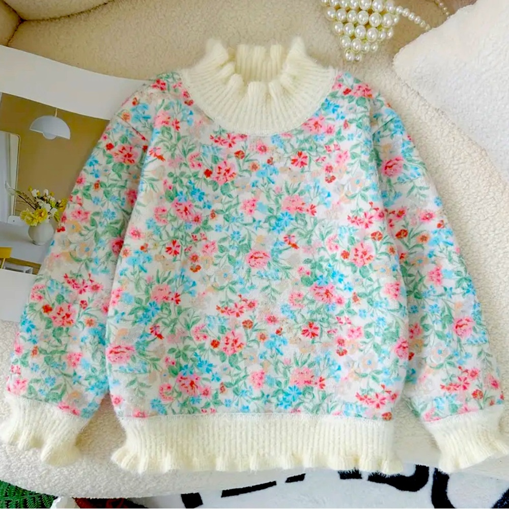 Fur Fleece Lined Ultra Soft Girls Floral Sweater 💙🌷